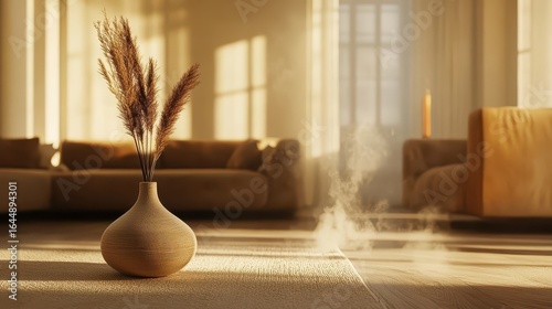 Elegant vase with dried grass in cozy living room setting