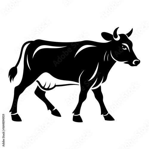 Simple black silhouette of a cow on a white background