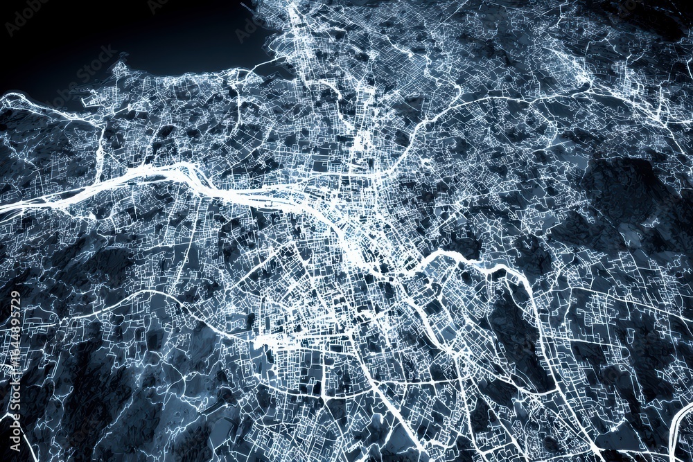 Naklejka premium x-default Aerial View of Cityscape at Night, Illuminated Street Network
