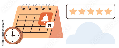 Calendar with notification, clock, discount tag, cloud, and five-star rating. Ideal for time management, productivity, task planning schedule tracking reminders goal setting efficiency. Simple