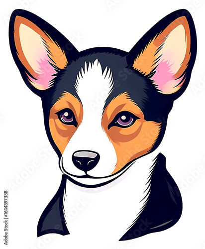 cute cartoon sticker art design of a black, white, and tan basenji puppy dog (transparent background)
