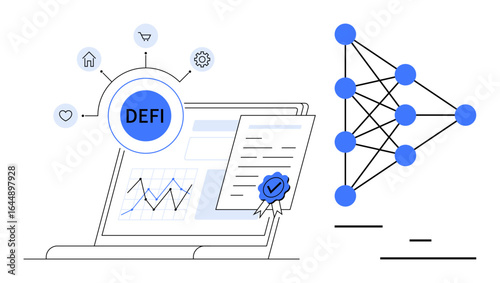 Laptop with DeFi network, verified document, financial data, and blockchain nodes. Ideal for fintech, blockchain, DeFi, cryptocurrency, finance education networking and a simple landing page