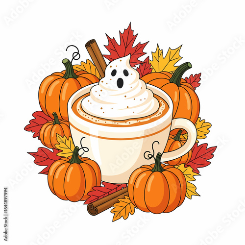  illustration of a Halloween pumpkin spice latte with ghost whipped cream, surrounded by pumpkins, cinnamon, and autumn leaves