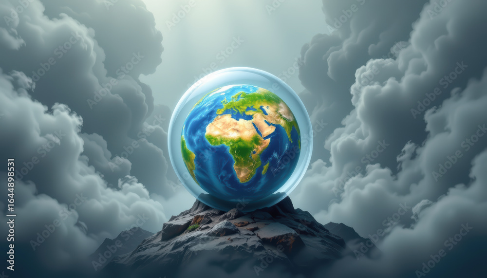 Naklejka premium A detailed globe surrounded by clouds symbolizes the beauty and fragility of our planet under a serene light.