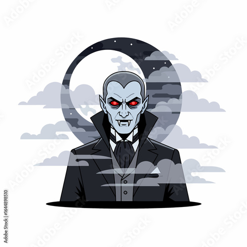 A classic cartoon-style vampire character with glowing red eyes and fangs, set against a dark moon and ominous clouds