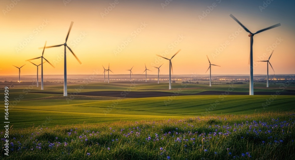 Fototapeta premium Wind turbines dot a green field at sunset, with purple flowers below