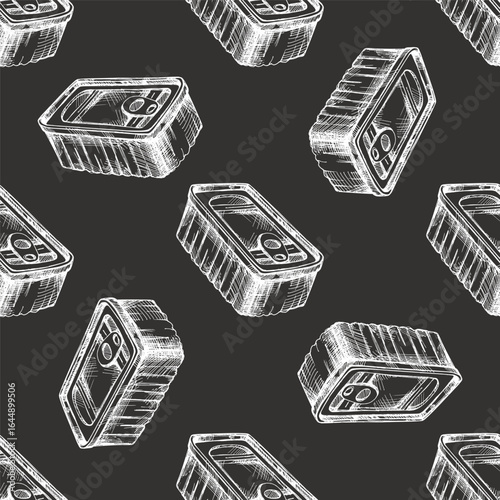 Hand drawn vintage seamless pattern of canned food tin in rustic engraved style on chalkboard background.
