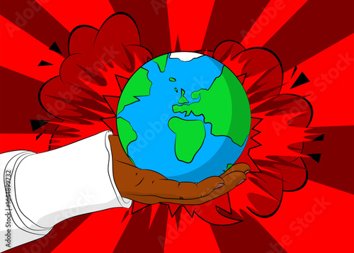 Cartoon, comic book human hands holding planet Earth. Retro vector comics pop art design.
