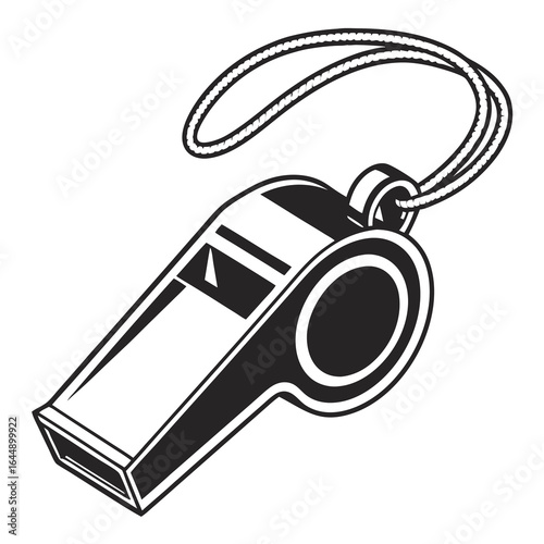 A black and white illustration of a whistle with a lanyard, angled slightly to the right.