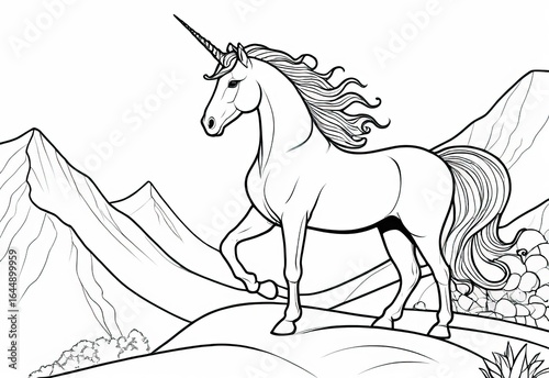 Unicorn coloring page with mountains and nature landscape for kids and adults