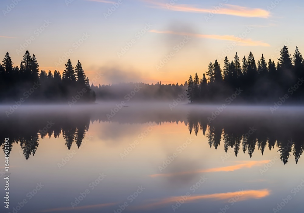 Obraz premium Misty Lake Reflection at Dawn with Silhouetted Trees and Soft Sky