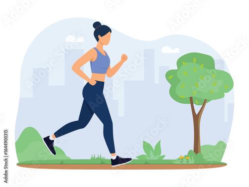 Young woman jogging. Jog, run, exercise in the park. Active healthy lifestyle concept, running, city competition, marathons, cardio workout, exercise. Vector illustration.