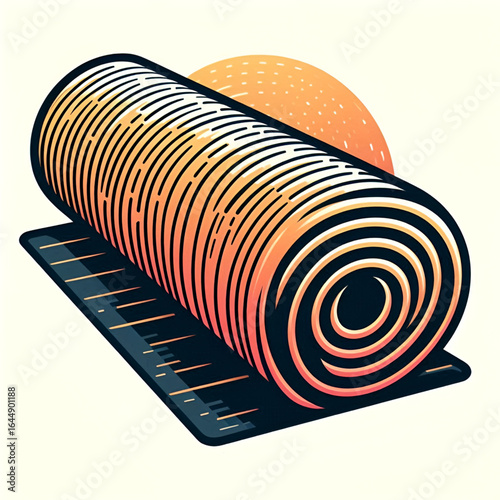Rolled-Up Orange Stripe Mat with Sun – Perfect for Summer Camping and Outdoor Adventure Art
