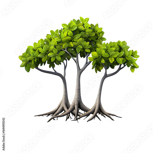 Three Lush Green Trees with Intertwined Roots on Transparent Background