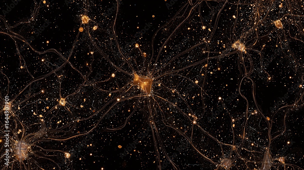 Obraz premium Golden neural network intertwined with gut microbiome, resembling celestial connections.