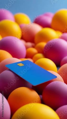 A blue credit card is placed on top of a pile of colorful balls. Concept of playfulness and whimsy, as the bright colors of the balls contrast with the blue card