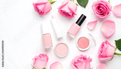 Pink Roses and Cosmetics on White Background: A Flat Lay Beauty Arrangement