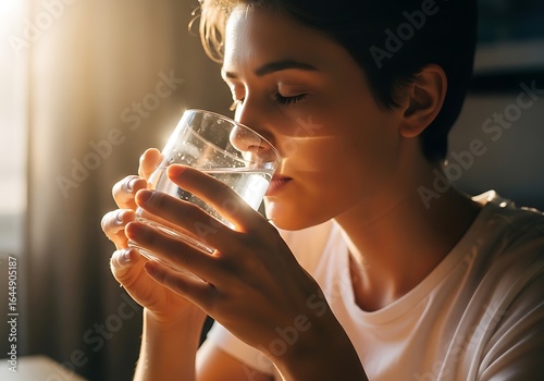 Young person drinking water from a glass in warm sunlight