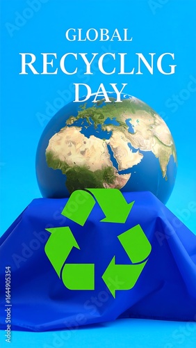 Globe atop blue fabric, recycling symbol, 