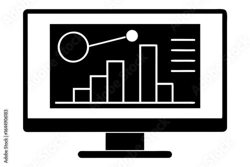Computer screen displaying data chart analysis business report silhouette vector illustration