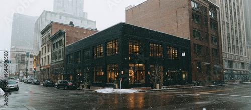 Fototapeta Naklejka Na Ścianę i Meble -  Snow falls on a city street corner, showcasing a dark modern building amongst older brick structures.  Cars are parked along the wet street