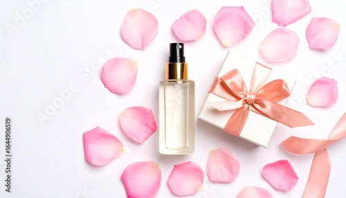 Delicate Rose Petals Surround a Gift Box and Perfume Spray