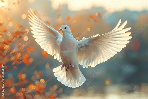 White Dove Soaring With Spread Wings Against Autumnal Orange Blurred Background