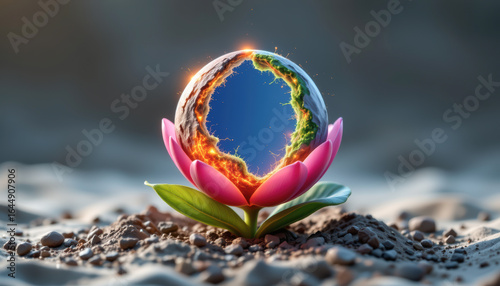 A stunning depiction of harmony between nature and the cosmic world, featuring a glowing orb on a vibrant lotus.