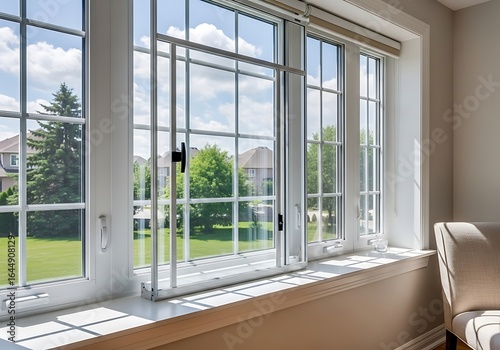 Modern window with white frames, bright interior, and sunny suburban view. Features retractable screen and natural light, perfect for home, real estate, and design concepts.