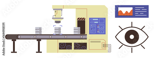 Robotic arm inspecting items on conveyor belt, monitor displaying analytics, and eye symbol for vision. Ideal for robotics, automation, quality assurance, production, AI, technology manufacturing