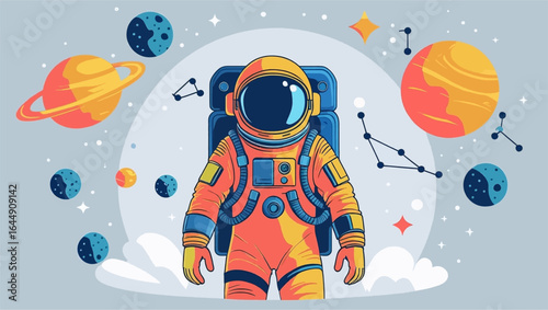 Astronaut surrounded by planets, constellations, and space elements. Perfect for science, astronomy, childrens education projects.