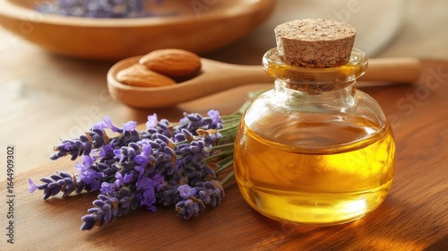 Lavender Oil Essence with Fresh Lavender Stems and Almond Nuts