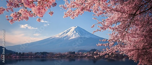  image shows Mount Fuji with cherry blossoms (sakura) in bloom, a classic and iconic view of Japan. 