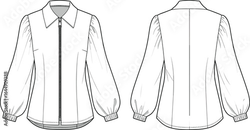 CAD drawing, flat vector illustration, blouse design, puff sleeve, front zipper, fashion sketch, technical garment, apparel template, sewing pattern, fashion CAD, blouse outline,