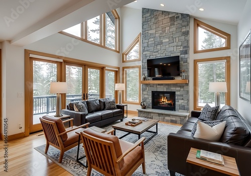 Luxury modern mountain living room with stone fireplace, leather sofas, large windows showcasing snowy forest. Cozy, high-end interior for lodges & homes.