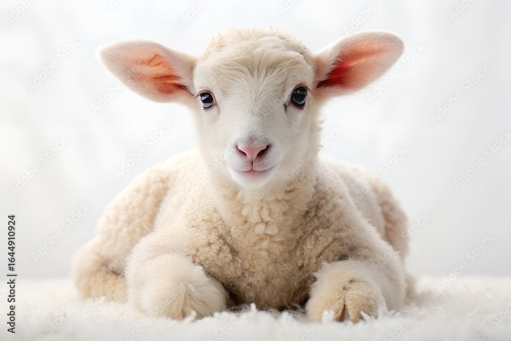 Fototapeta premium Adorable White Lamb Lying Down on Soft White Background