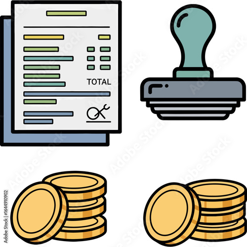 Illustration of financial documents, coins and a stamp, symbolizing business and accounting services