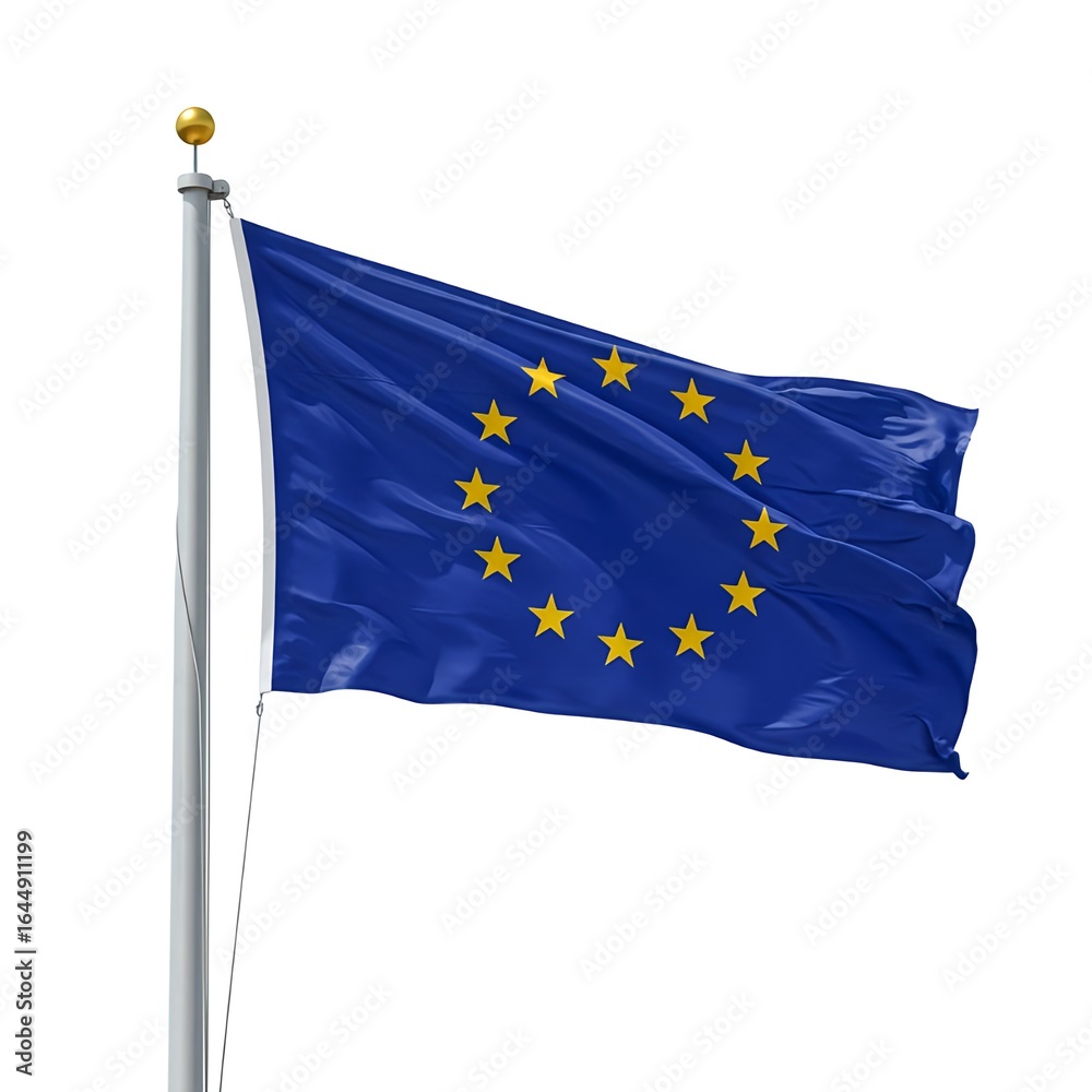 The European Union Flag Waving Proudly on a White Background The European Union Flag Waving Proudly on a White Background