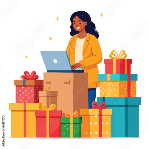 A woman uses a laptop surrounded by a collection of colorful gift boxes.