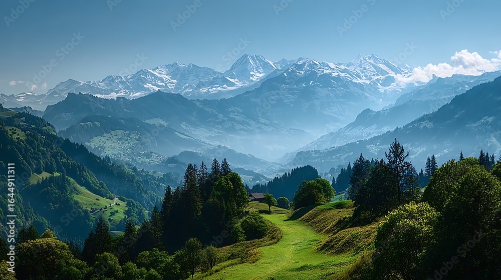 Fototapeta premium The Alps mountain range is home to a lush forest valley.