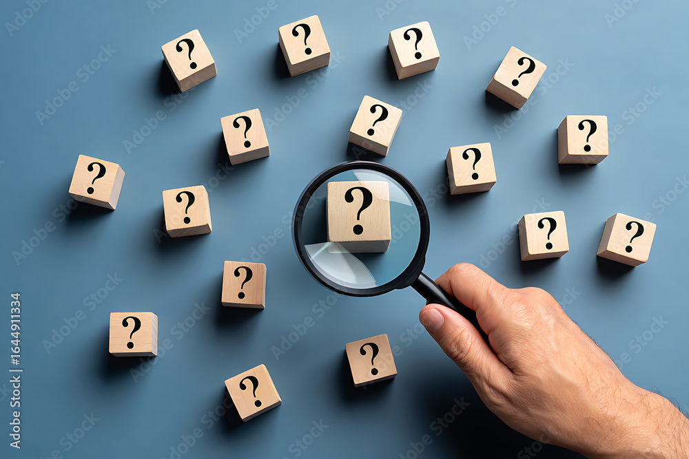 Naklejka premium Hand holding magnifying glass over wooden cube with question mark