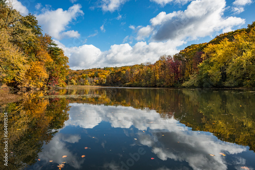 Bilde på lerret A pond surrounded by autumn foliage on a breezy, sunny fall day