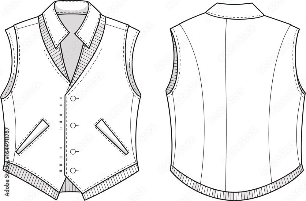 Classic men's vest CAD drawing, flat vector illustration, fashion design template, tailored garment, front and back views, sewing pattern, apparel sketch Classic men's vest CAD drawing, flat vector illustration, fashion design template, tailored garment, front and back views, sewing pattern, apparel sketch