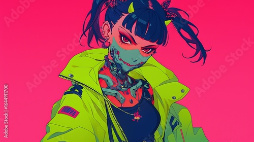 Beautiful dark evil girl cyberpunk anime style