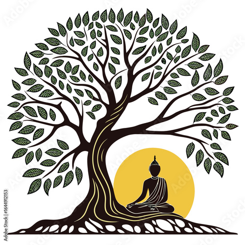 Silhouette of Buddha meditating under a stylized tree with green leaves and yellow sun meditation enlightenment