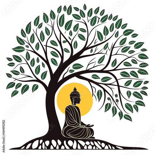 Silhouette of Buddha meditating under a Bodhi tree with green leaves and yellow halo meditation enlightenment
