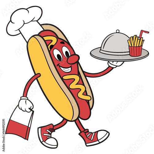 Cheerful cartoon hot dog chef character serving french fries and a drink vector