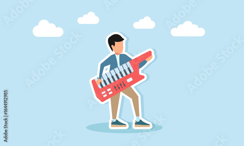 Young man playing keytar musical instrument illustration of appreciation for music day celebration or music festival