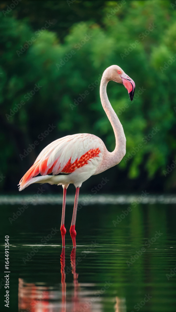 Fototapeta premium A graceful pink flamingo stands elegantly in calm water, its reflection mirroring its beautiful form