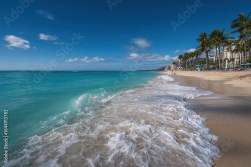 stunning sunny beach in hawaii with swaying palm trees and golden sands inviting relaxation